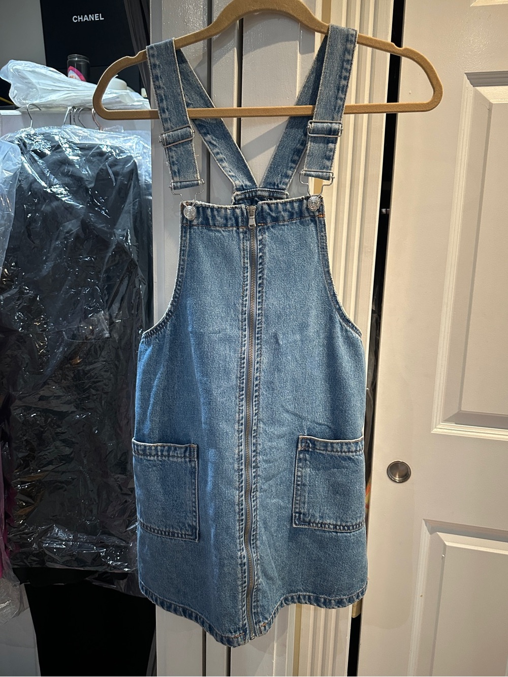 Pull&Bear Blue Denim Overall Mini Dress Pinafore Front Zip Up Adjustable Straps